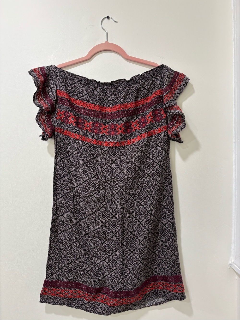 THML Black Off-Shoulder Tunic with Red Embroidered Accents